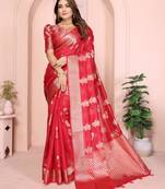 Red soft organza banarasi Art silk blend saree with zari weaving work