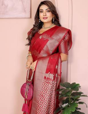 Red soft organza banarasi Art silk blend saree with zari weaving work 2