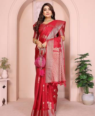 Red soft organza banarasi Art silk blend saree with zari weaving work 3