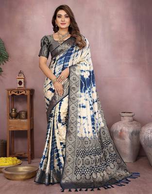 Navy soft satin Art silk blend saree with zari weaving work 1