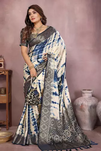 Navy soft satin Art silk blend saree with zari weaving work