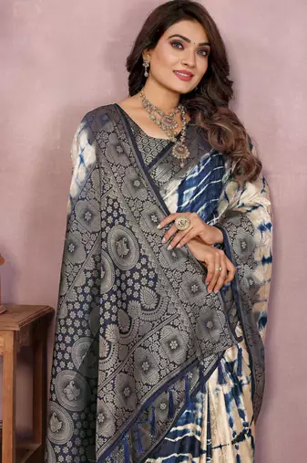 Navy soft satin Art silk blend saree with zari weaving work