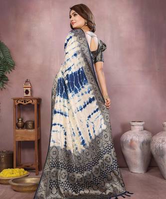 Navy soft satin Art silk blend saree with zari weaving work 4