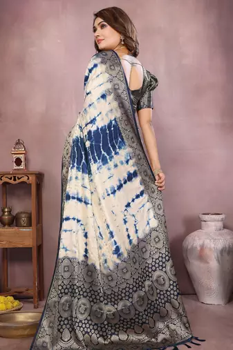 Navy soft satin Art silk blend saree with zari weaving work