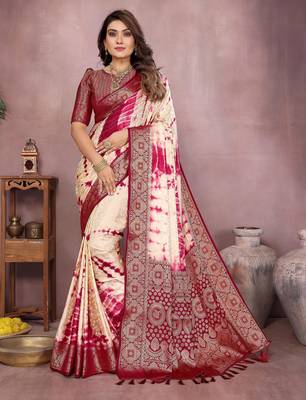 Magenta soft satin Art silk blend saree with zari weaving work 1