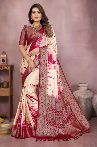 Magenta soft satin Art Silk saree with zari weaving work