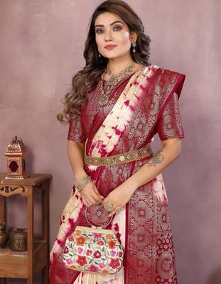 Magenta soft satin Art silk blend saree with zari weaving work 2