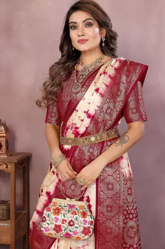 Magenta soft satin Art silk blend saree with zari weaving work
