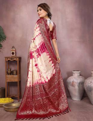 Magenta soft satin Art silk blend saree with zari weaving work 3