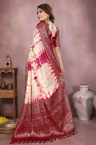 Magenta soft satin Art silk blend saree with zari weaving work