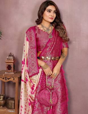 Pink soft satin Art silk blend saree with zari weaving work 2