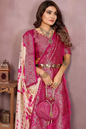Pink soft satin Art silk blend saree with zari weaving work