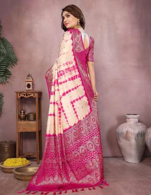 Pink soft satin Art silk blend saree with zari weaving work 3
