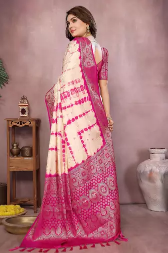Pink soft satin Art silk blend saree with zari weaving work