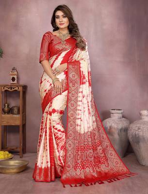 Red soft satin Art silk blend saree with zari weaving work 1