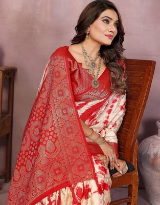 Red soft satin Art silk blend saree with zari weaving work 2
