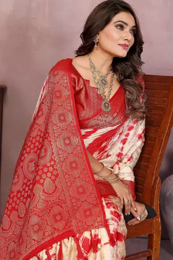 Red soft satin Art silk blend saree with zari weaving work