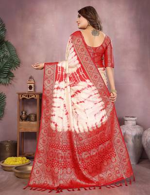 Red soft satin Art silk blend saree with zari weaving work 3