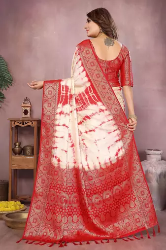 Red soft satin Art silk blend saree with zari weaving work