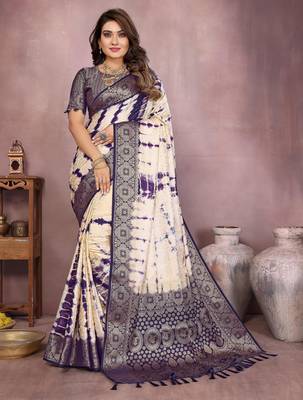 Violet soft satin Art silk blend saree with zari weaving work 1