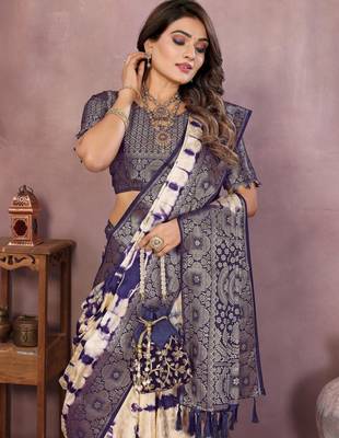Violet soft satin Art silk blend saree with zari weaving work 2