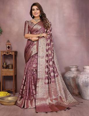 Brown soft organza banarasi Art silk blend saree with zari weaving work 1