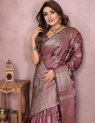 Brown soft organza banarasi Art silk blend saree with zari weaving work 2