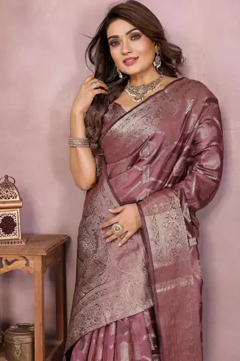 Brown soft organza banarasi Art silk blend saree with zari weaving work