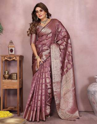 Brown soft organza banarasi Art silk blend saree with zari weaving work 3