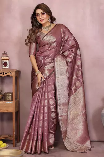 Brown soft organza banarasi Art silk blend saree with zari weaving work
