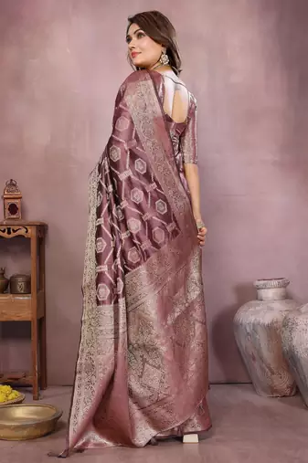 Brown soft organza banarasi Art silk blend saree with zari weaving work