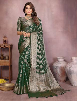 Dark green soft organza banarasi Art silk blend saree with zari weaving work 1