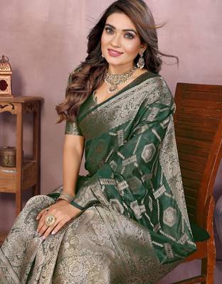 Dark green soft organza banarasi Art silk blend saree with zari weaving work 2