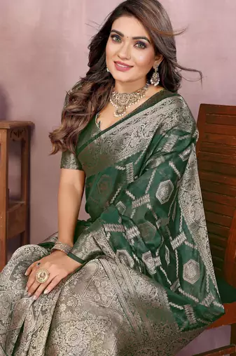 Dark green soft organza banarasi Art silk blend saree with zari weaving work