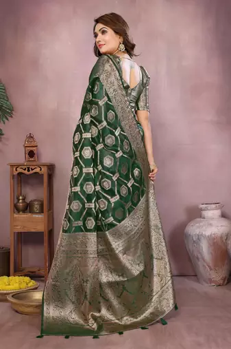 Dark green soft organza banarasi Art silk blend saree with zari weaving work