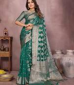 Green soft organza banarasi Art silk blend saree with zari weaving work