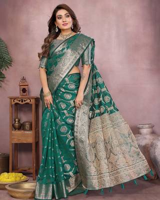 Green soft organza banarasi Art silk blend saree with zari weaving work 2