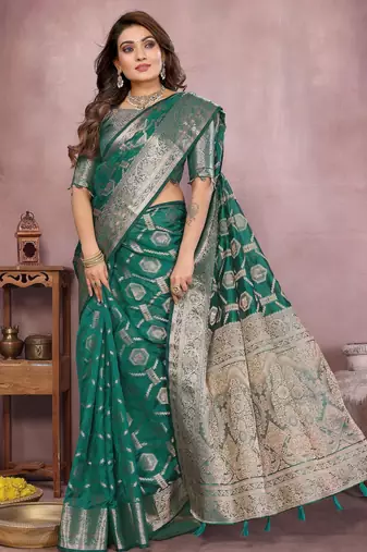 Green soft organza banarasi Art silk blend saree with zari weaving work