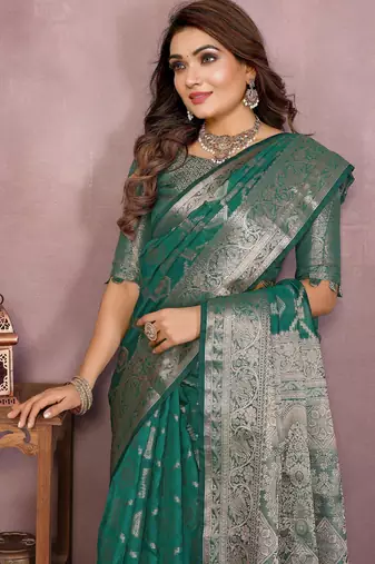 Green soft organza banarasi Art silk blend saree with zari weaving work
