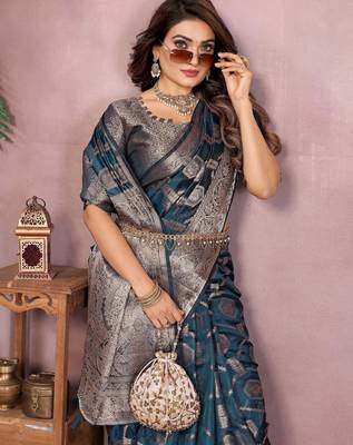 Navy soft organza banarasi Art silk blend saree with zari weaving work 1