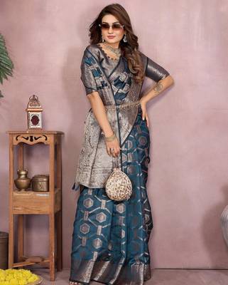 Navy soft organza banarasi Art silk blend saree with zari weaving work 2