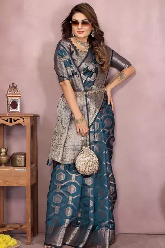 Navy soft organza banarasi Art silk blend saree with zari weaving work