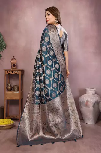 Navy soft organza banarasi Art silk blend saree with zari weaving work
