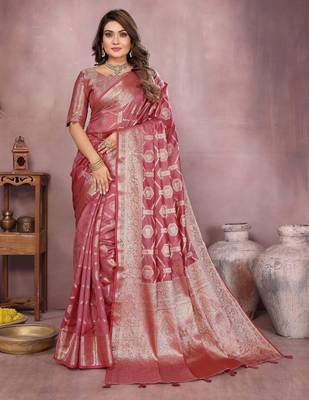 Peach soft organza banarasi Art silk blend saree with zari weaving work 1