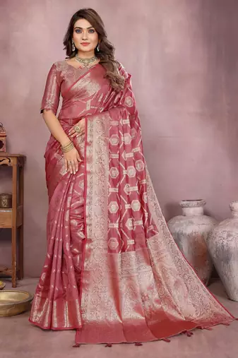 Peach soft organza banarasi Art Silk saree with zari weaving work
