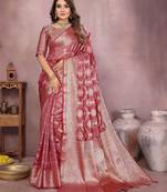 Peach soft organza banarasi Art silk blend saree with zari weaving work