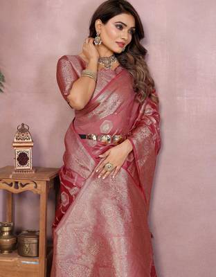 Peach soft organza banarasi Art silk blend saree with zari weaving work 2