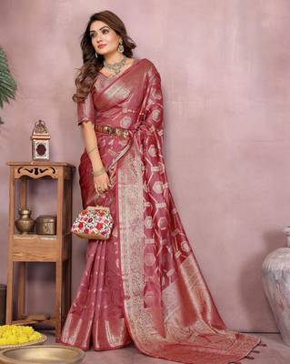 Peach soft organza banarasi Art silk blend saree with zari weaving work 3