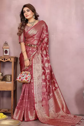 Peach soft organza banarasi Art silk blend saree with zari weaving work