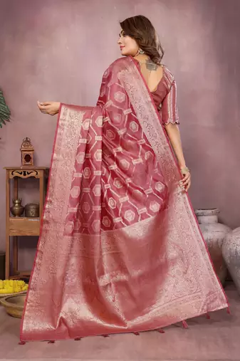 Peach soft organza banarasi Art silk blend saree with zari weaving work